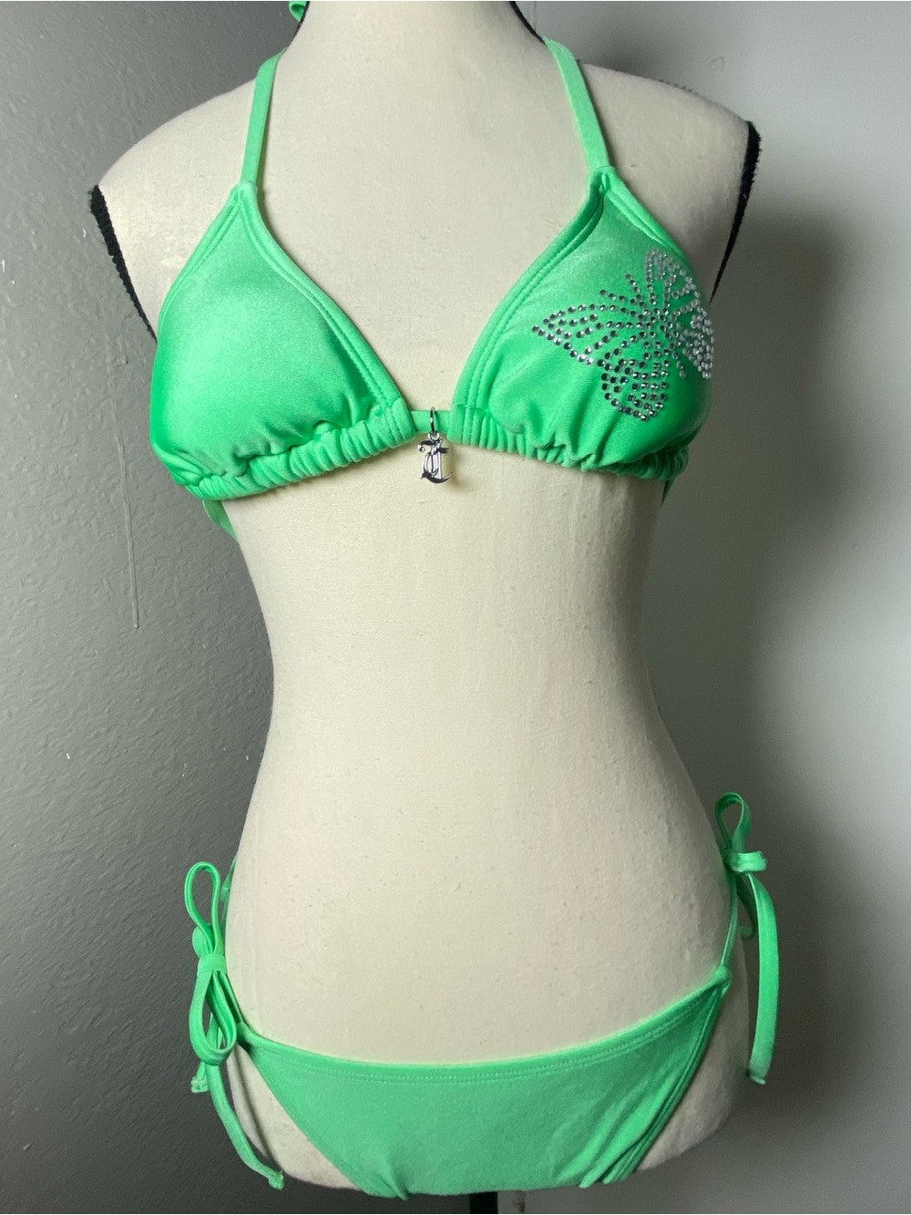 Y2K Juicy Couture Green Butterfly Rhinestone String Bikini Set Size XS